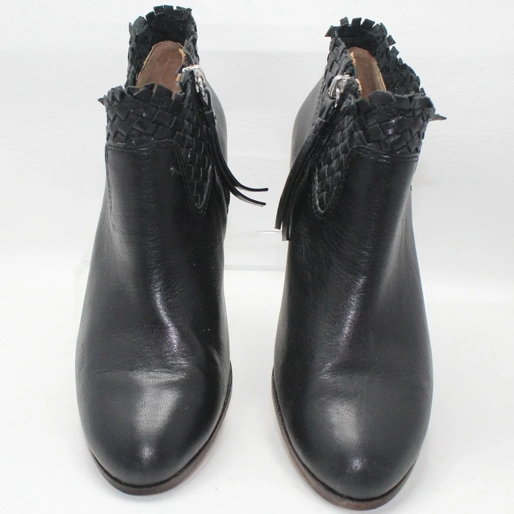 COACH Ryer Black Leather Woven Fringe Ankle Boots - Size 7.5 B -‎ Excellent